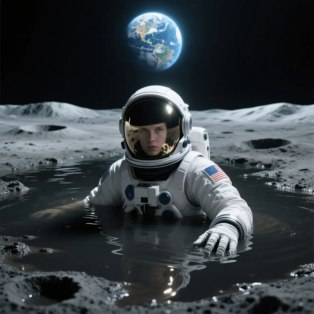 Astronaut Standing In Dark Lunar Mud With Earth Above