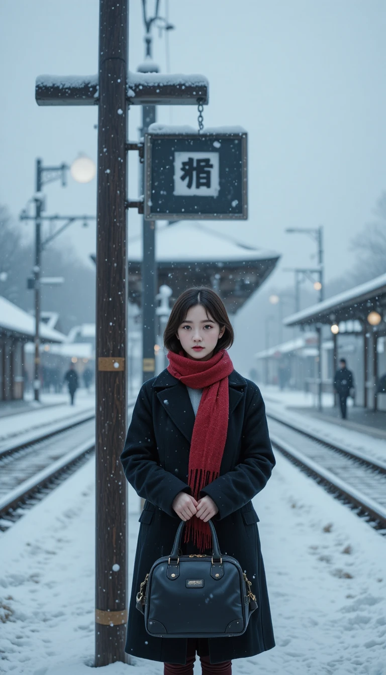 Young girl at a snowy rural Japanese train station