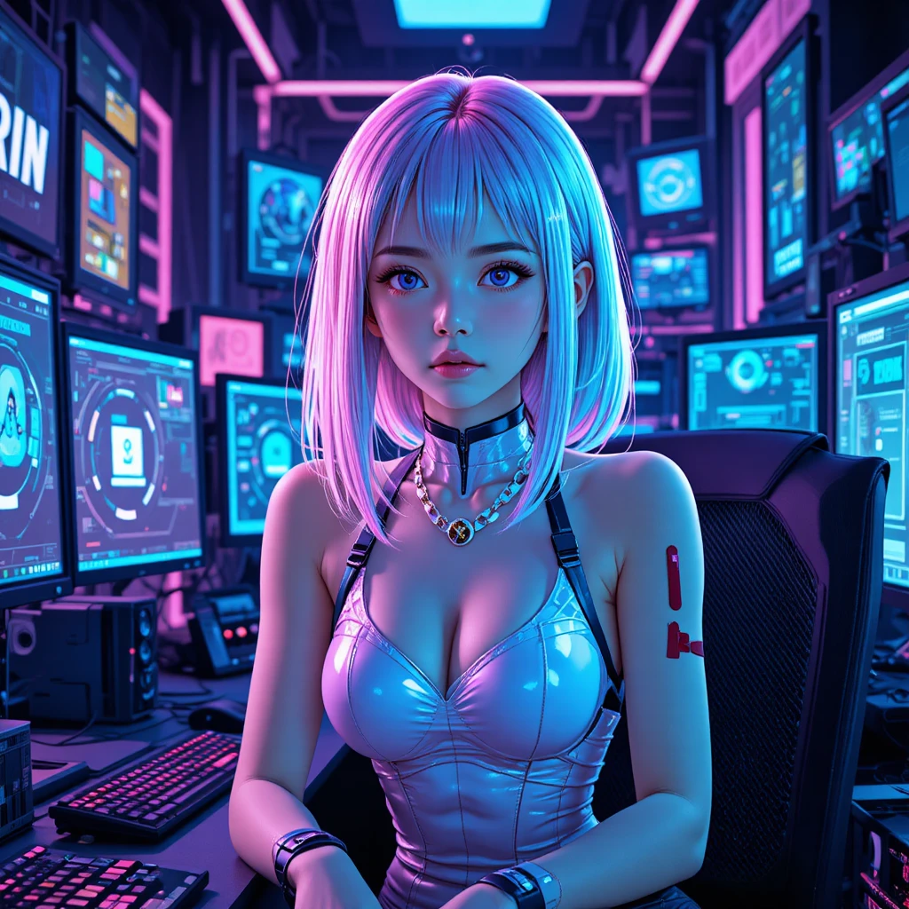 Anime hacker girl at neon lit cyberpunk computer desk