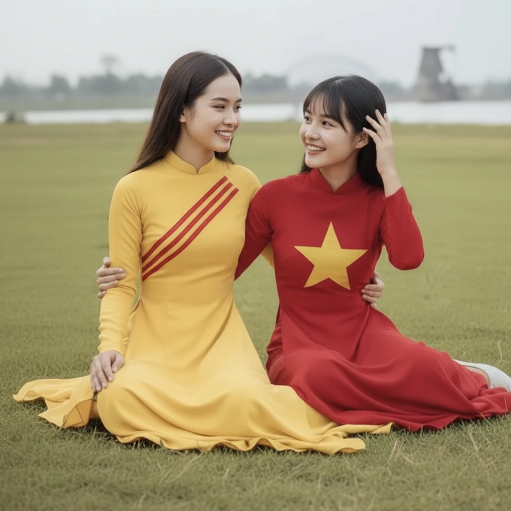 Zwei junge vietnamesische Schwestern sprechen auf einer Wiese