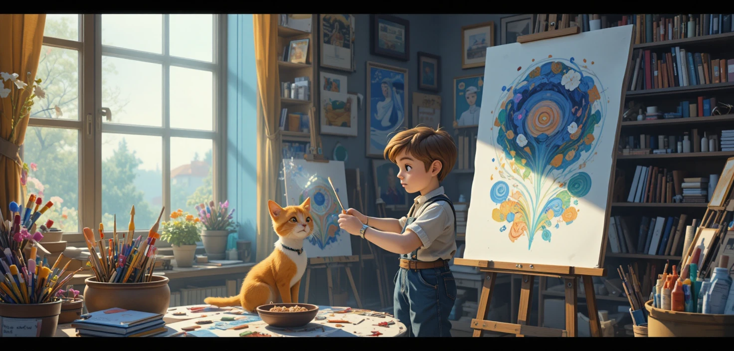 Jeune artiste dans un atelier lumineux avec peintures et pinceaux