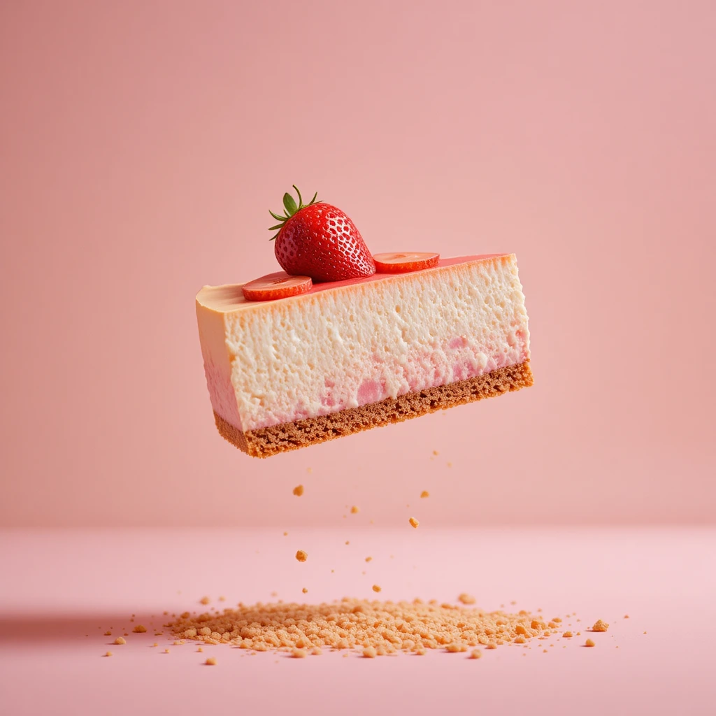Floating strawberry cheesecake slice against pastel gradient background