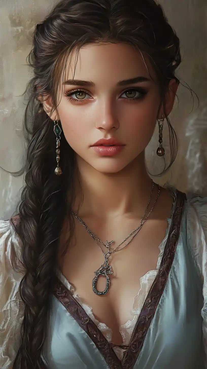 Cold eyed woman in jeweled portrait with fantasy mist