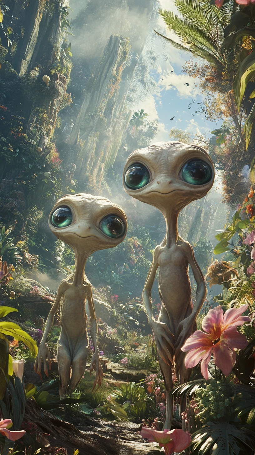 Süße Aliens blicken staunend auf eine lebendige außerirdische Welt