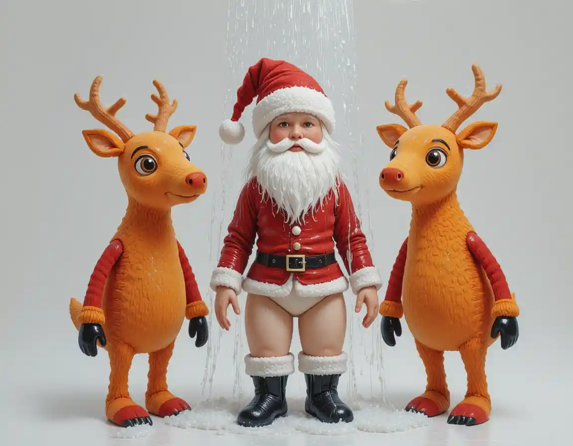 Plush Santa Claus With Two Reindeer On White Background
