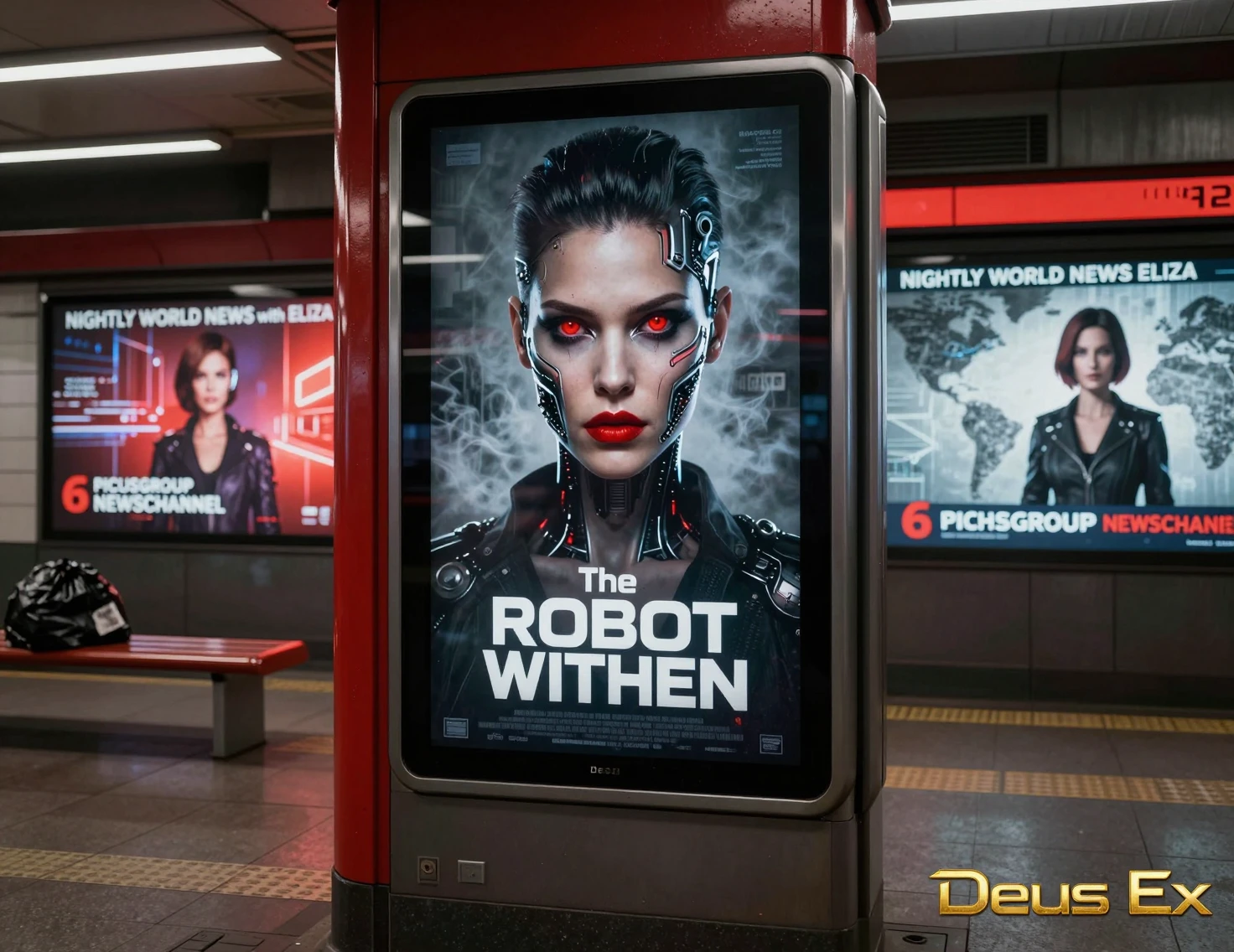 Estación de metro cyberpunk con carteles digitales de cine luminosos