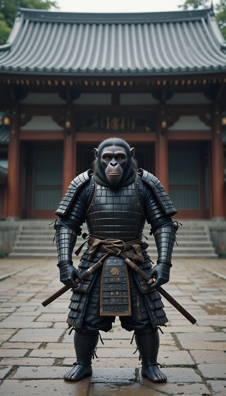 Scimpanzé samurai che sorveglia l’ingresso di un sereno tempio giapponese