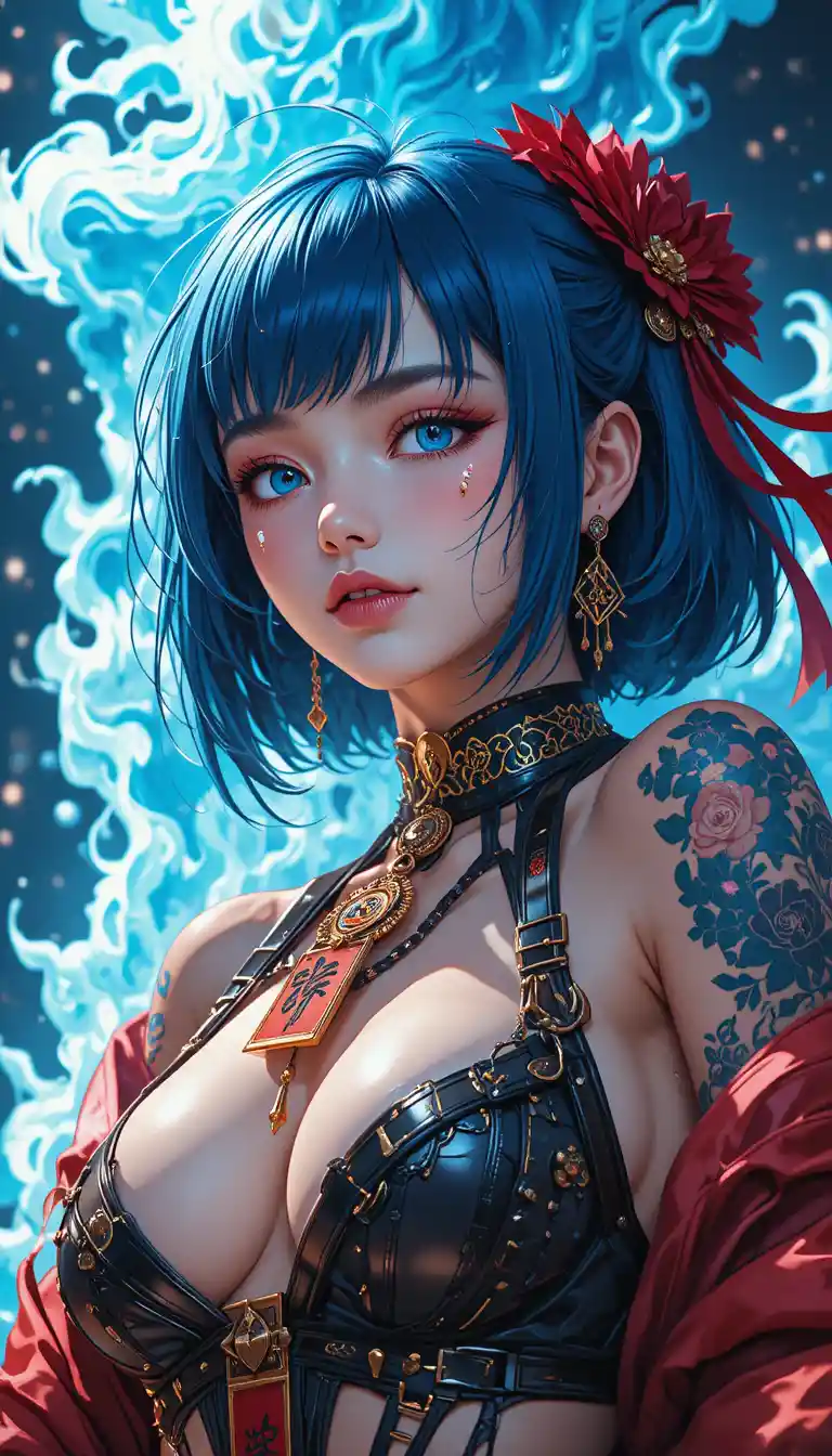 Anime warrior woman with ghostly blue flames and tattoos