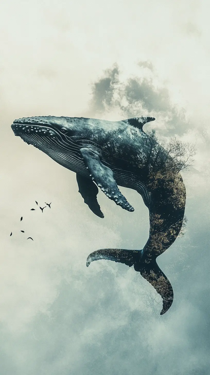 Surreal Double Exposure Whale In Abstract Fantasy Scene