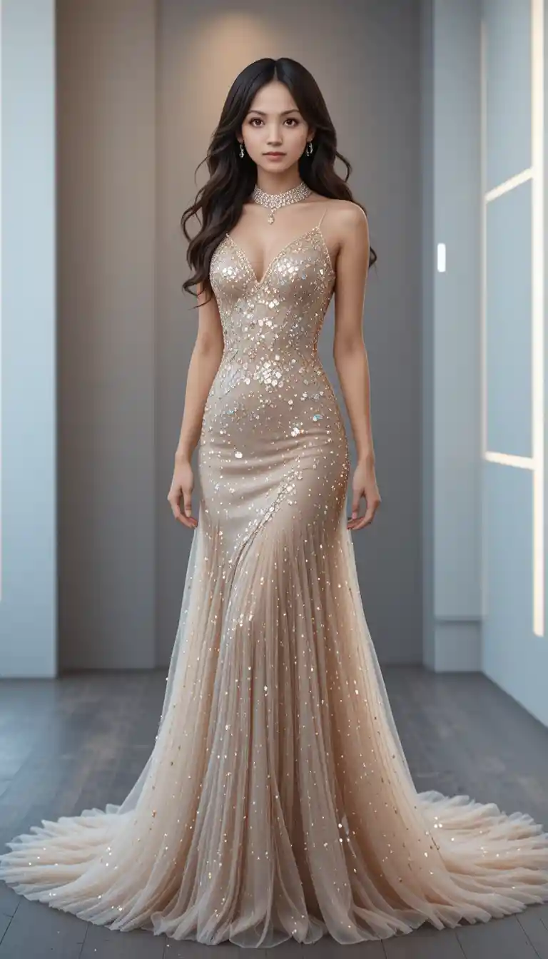 Elegant woman in champagne gown in modern minimalist interior