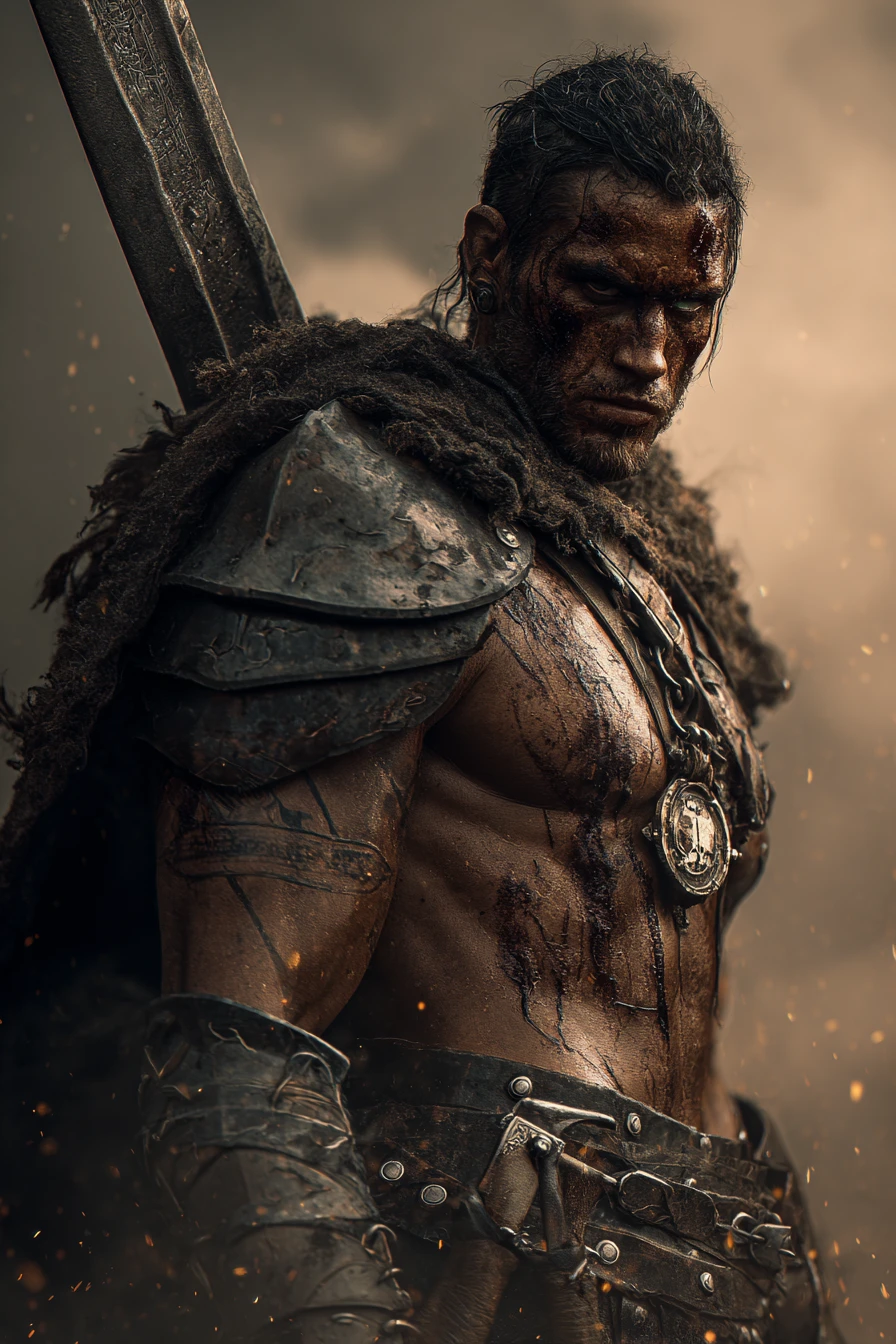 Lone warrior on a smoky battlefield at dawn