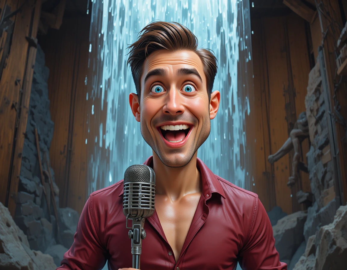 Cartoon middle aged man singing on theater stage