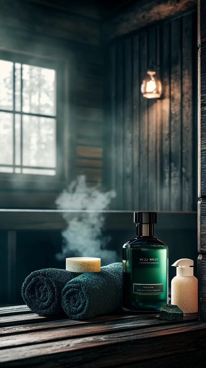 Luxurious spa products arranged in a tranquil wooden sauna
