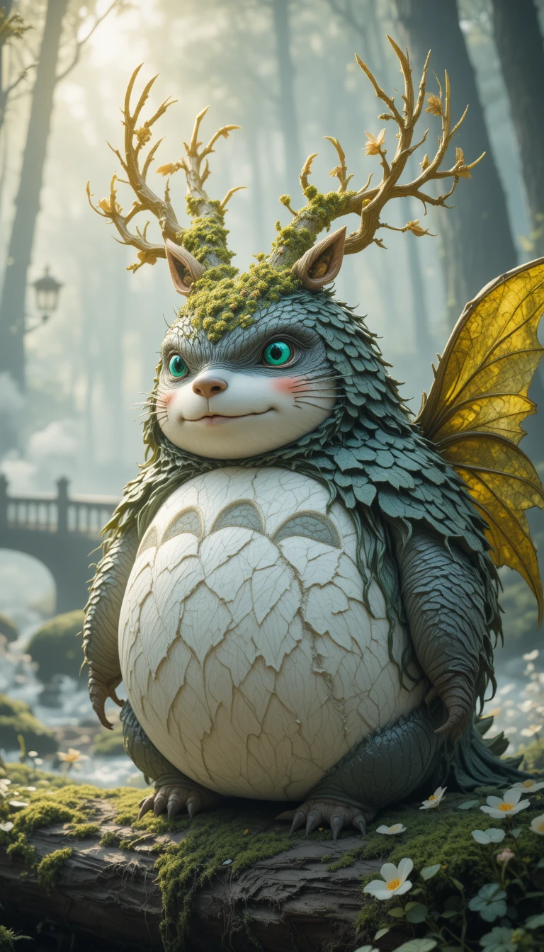 Plump forest spirit on a mossy log in soft sunlight