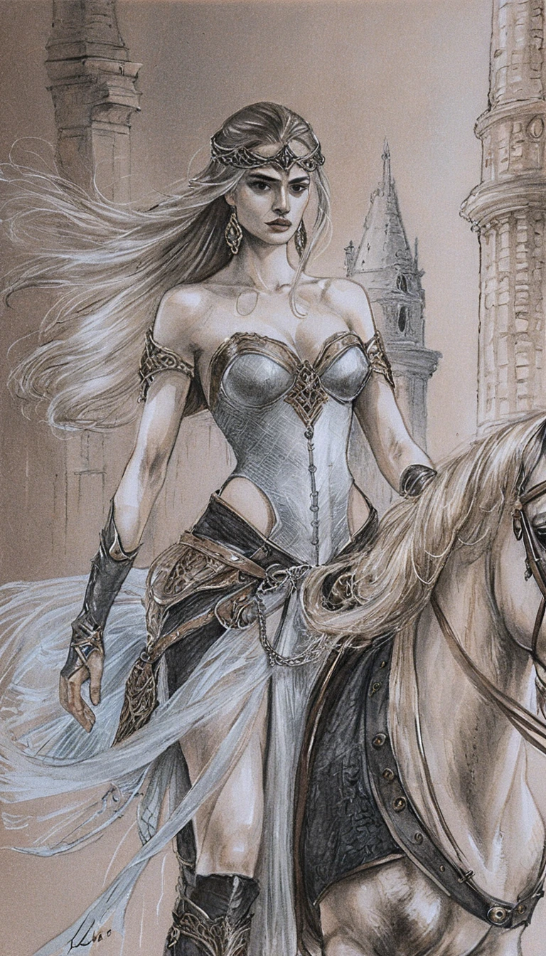 Dark fantasy warrior queen on horseback before ruined castle
