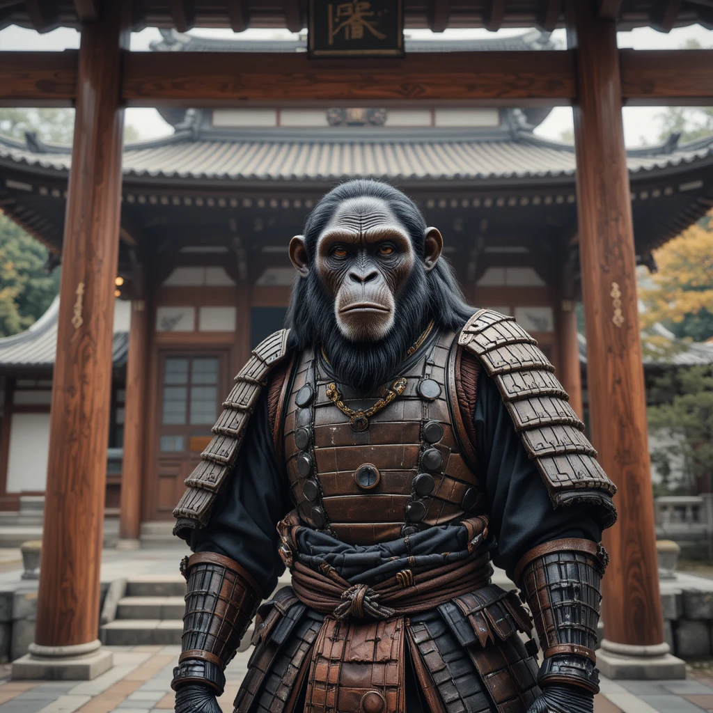 Scimpanzé samurai che sorveglia l’ingresso di un antico tempio giapponese