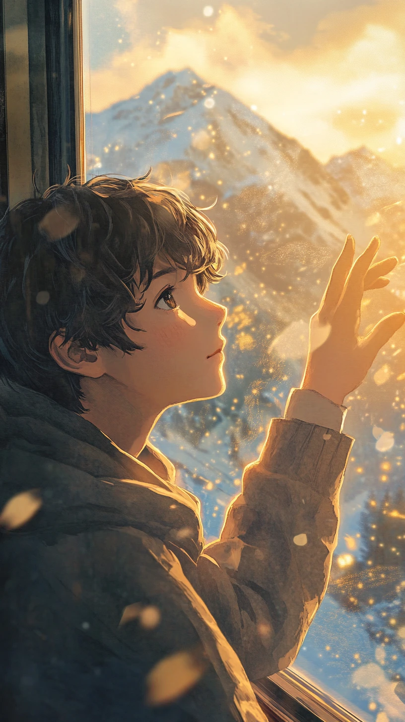 Teenage boy reaching for sunlight on snowy mountain