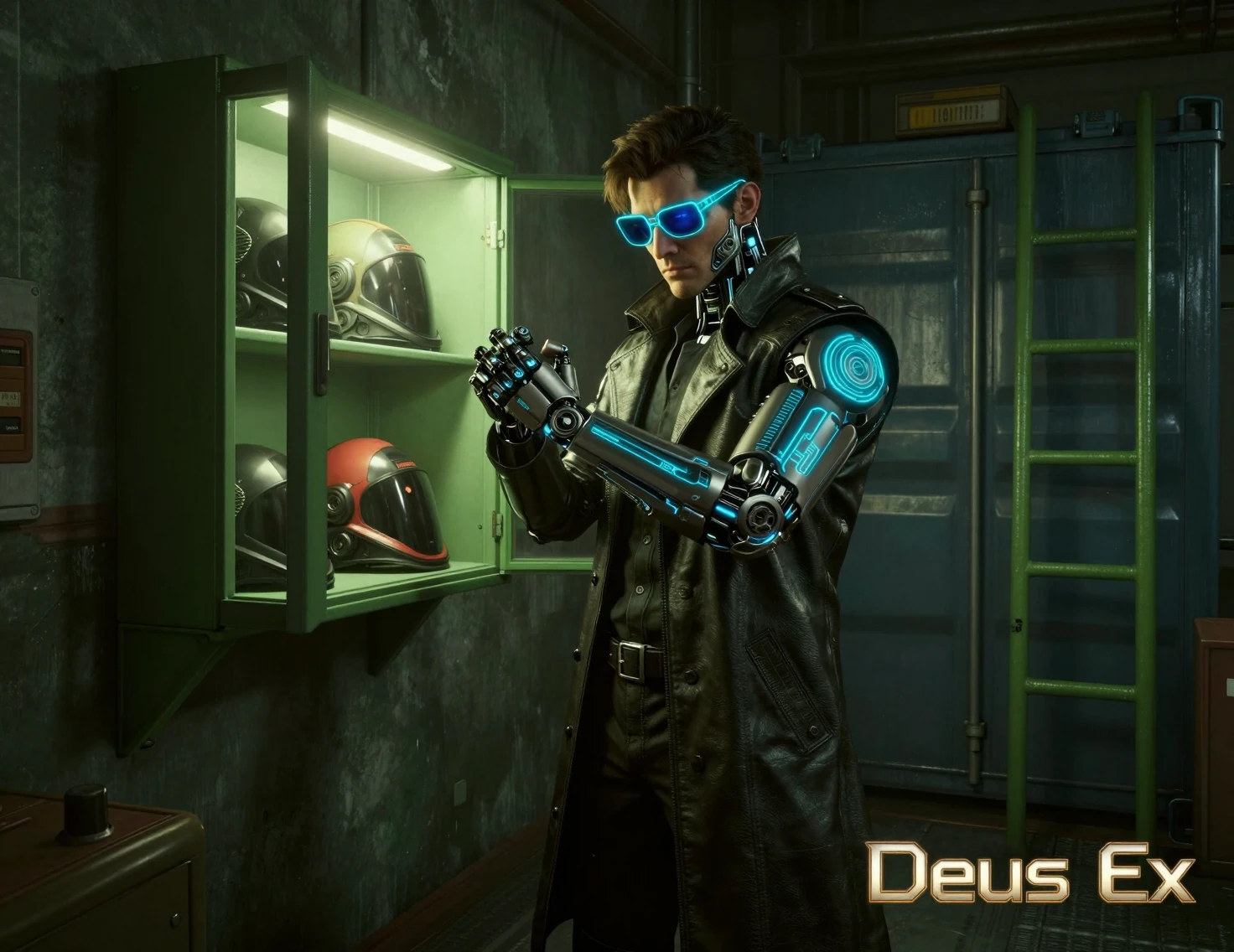 Détective cyberpunk aux yeux cybernétiques néon et lunettes de soleil