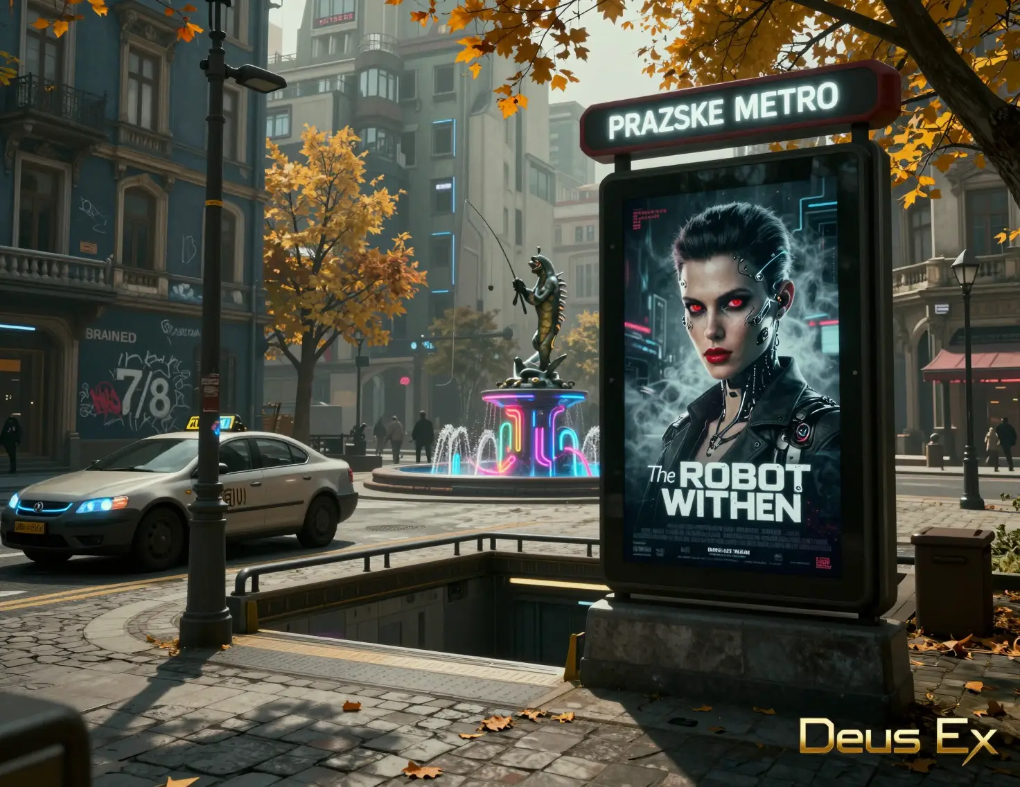 Cyberpunk taxi by a metro entrance in a futuristic city