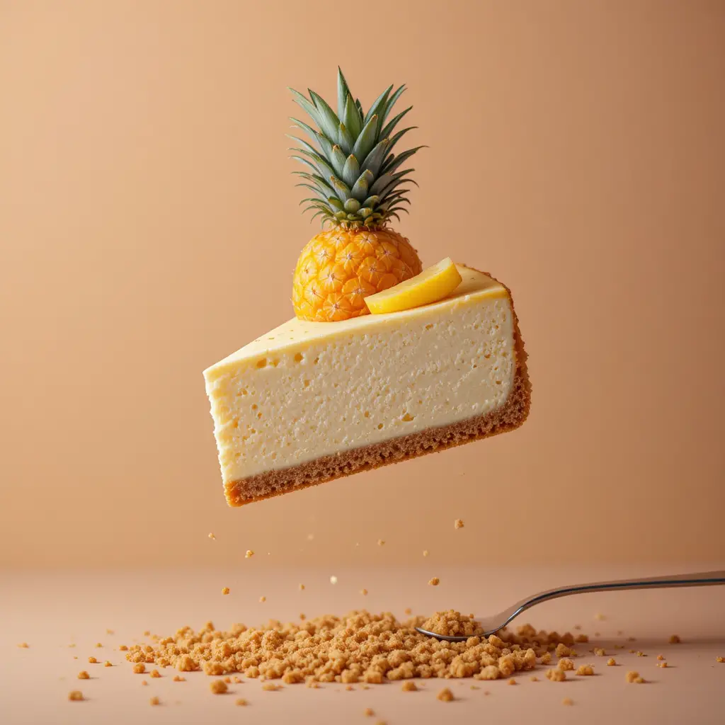 Floating pineapple cheesecake slice with pastel background