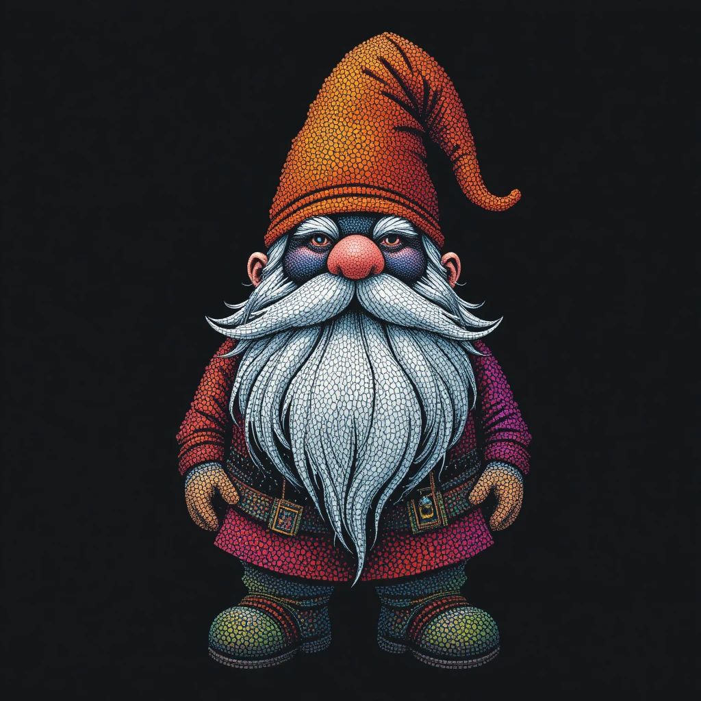 Colorful dot art gnome centered on black background