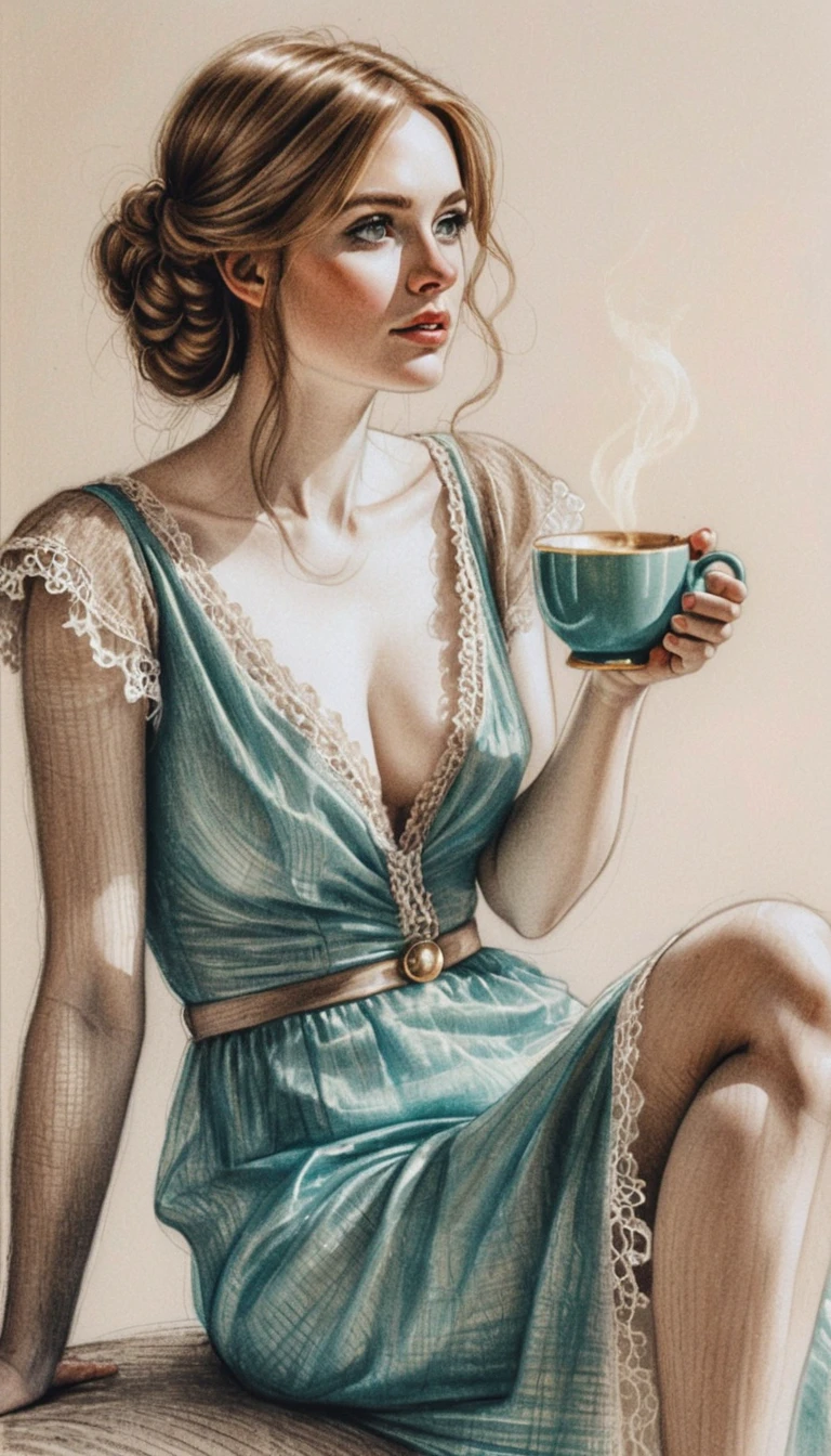 Woman in turquoise dress holding tea by sunlit window