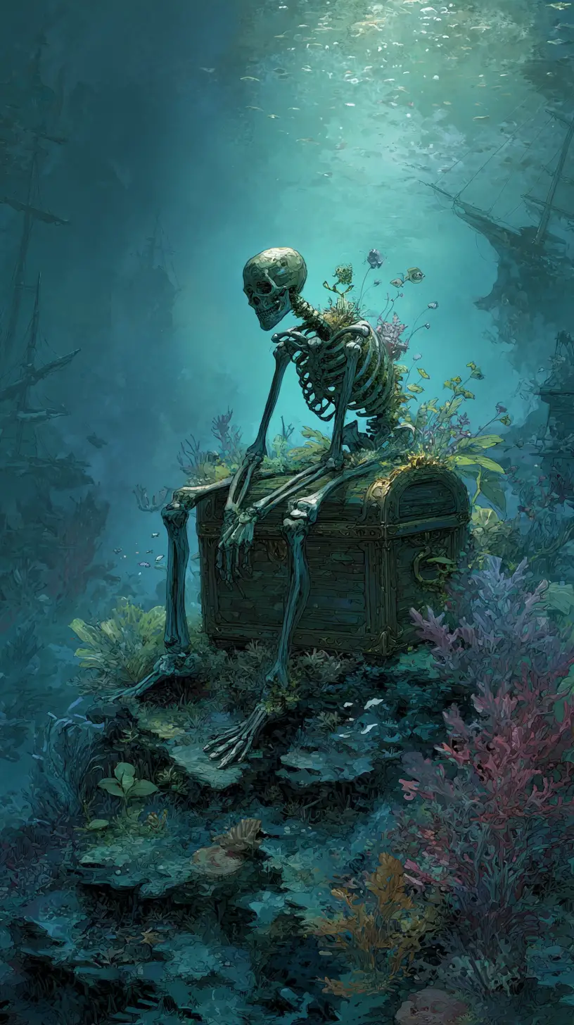 Skeleton On Sunken Treasure Chest In Surreal Seabed Scene