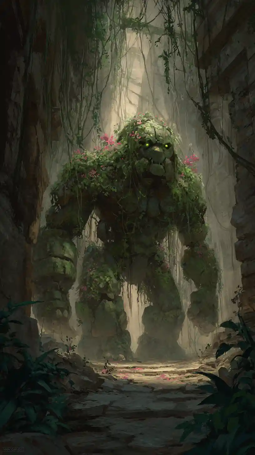 Antigo golem de pedra despertando em um templo na selva