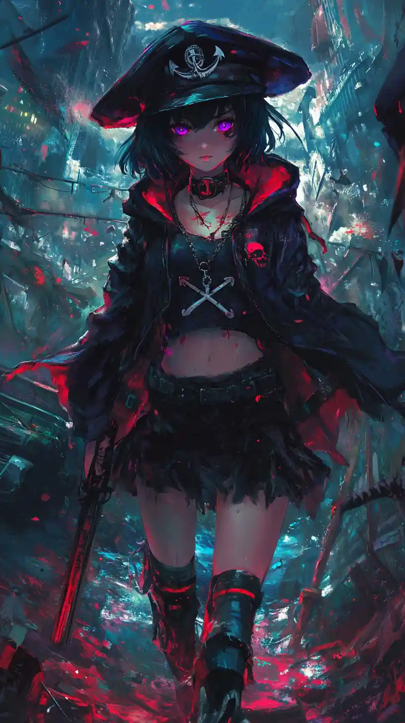Girl warrior with sword in a ruined city street