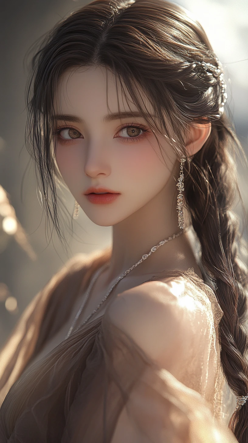 Anime woman portrait with jeweled chains in fantasy haze
