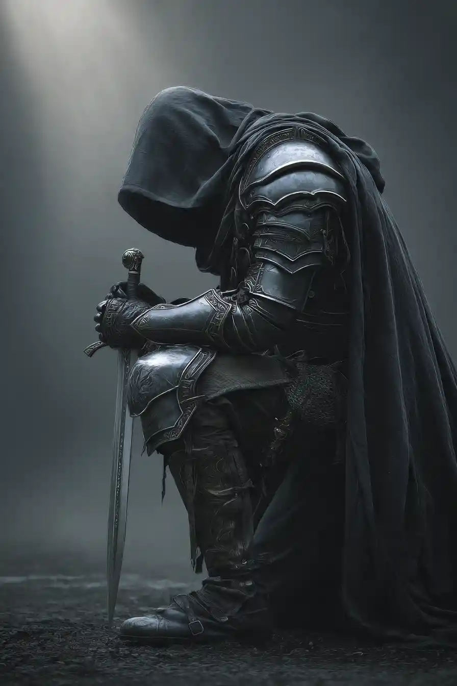 Kneeling warrior holding a blade in moonlit fog