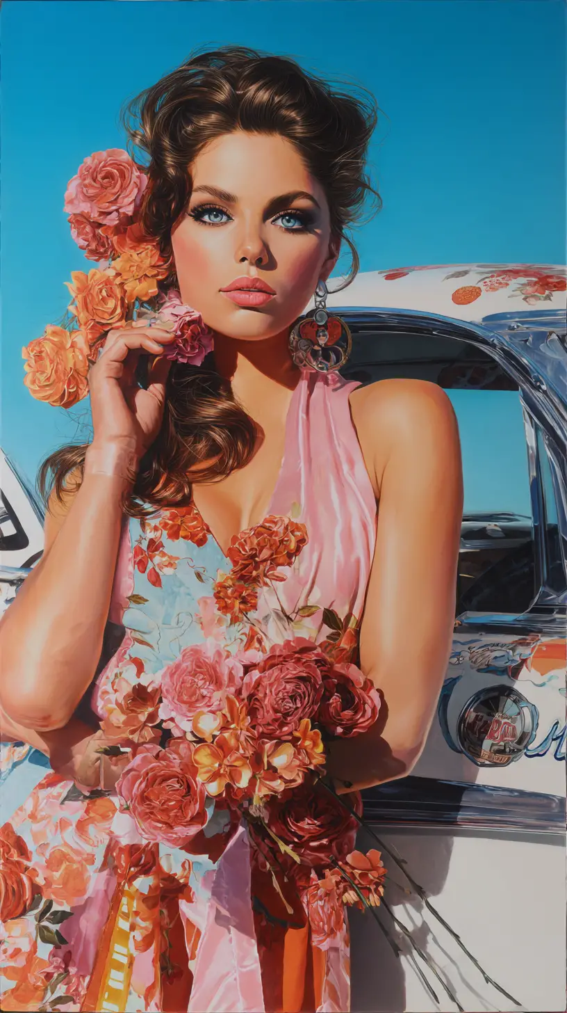 Hyperrealistic muscular woman standing by car in neon city