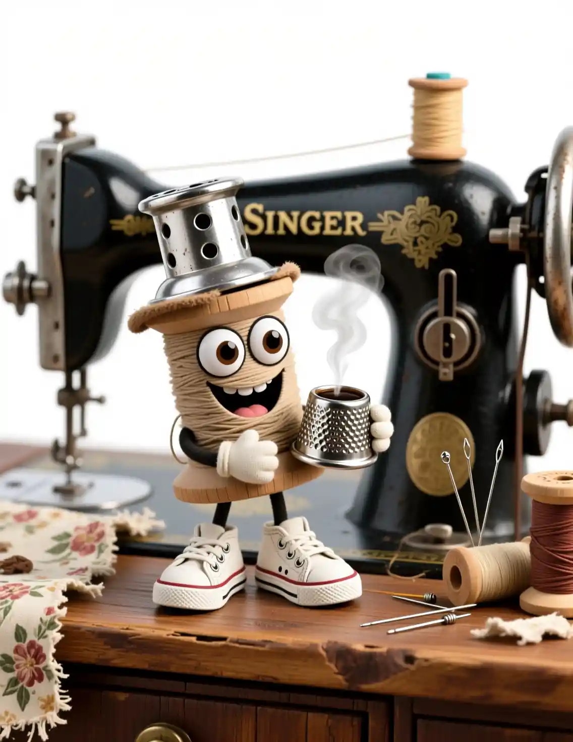 Whimsical thread spool character with coffee on wood