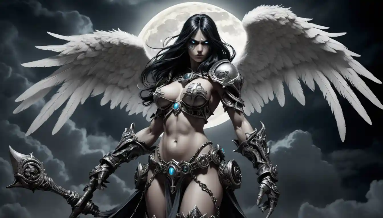 Fallen angel woman on gothic cathedral steps at night