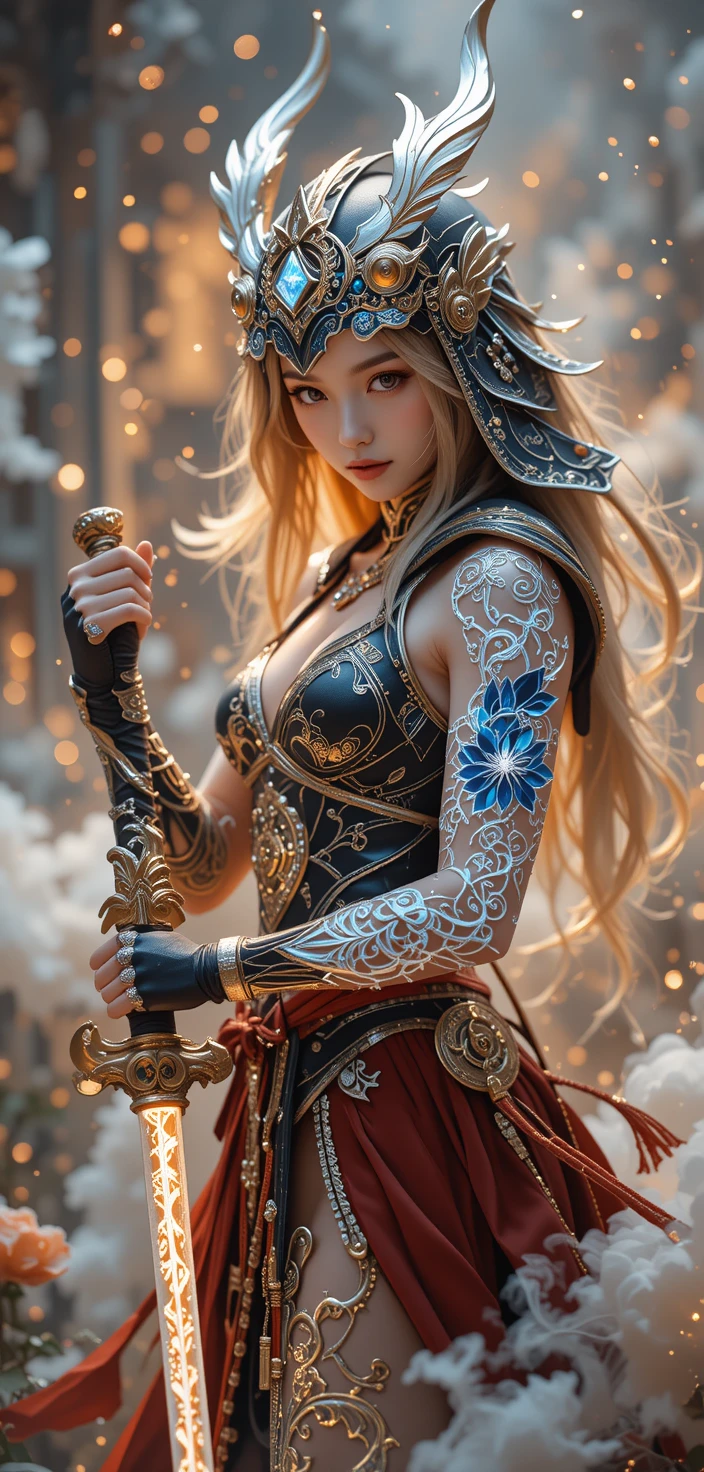 發光鎧甲中拔出武士刀的童話女戰士
