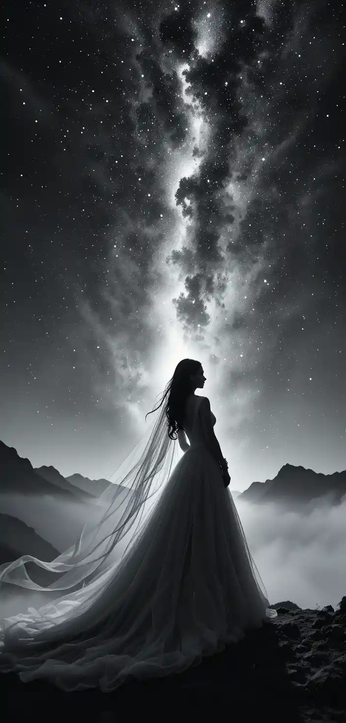 在宇宙夜空前高聳佇立的新娘剪影