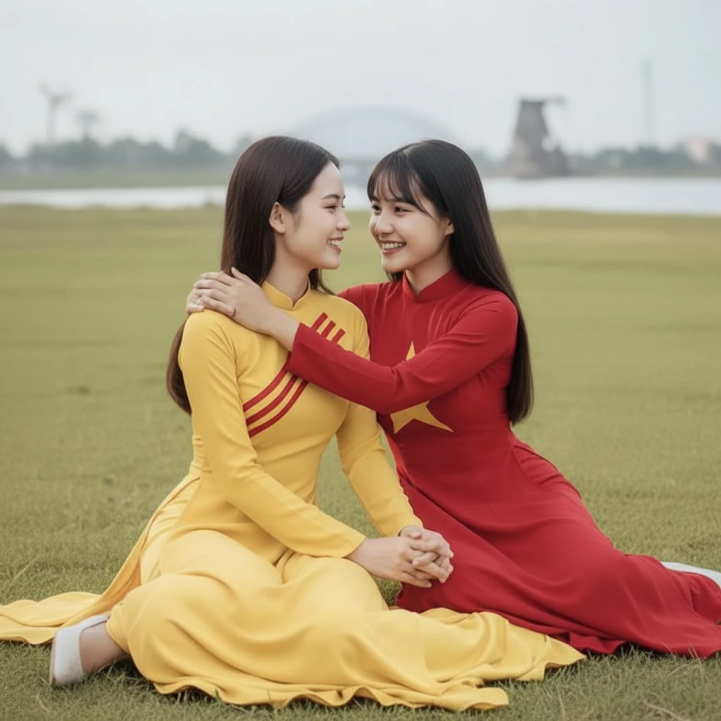 Two young sisters sitting together in a riverside field