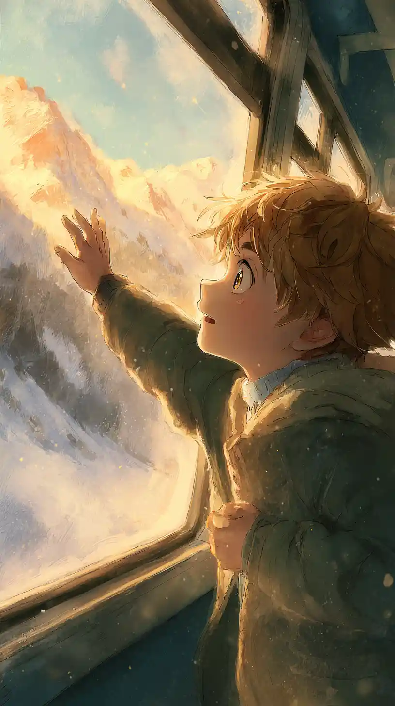 Boy reaching for sunlight through train window
