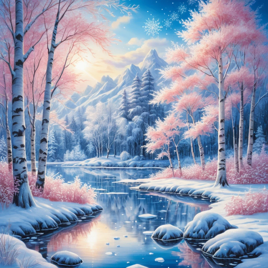 Surrealer Winterwald mit Birken und zugefrorenem See