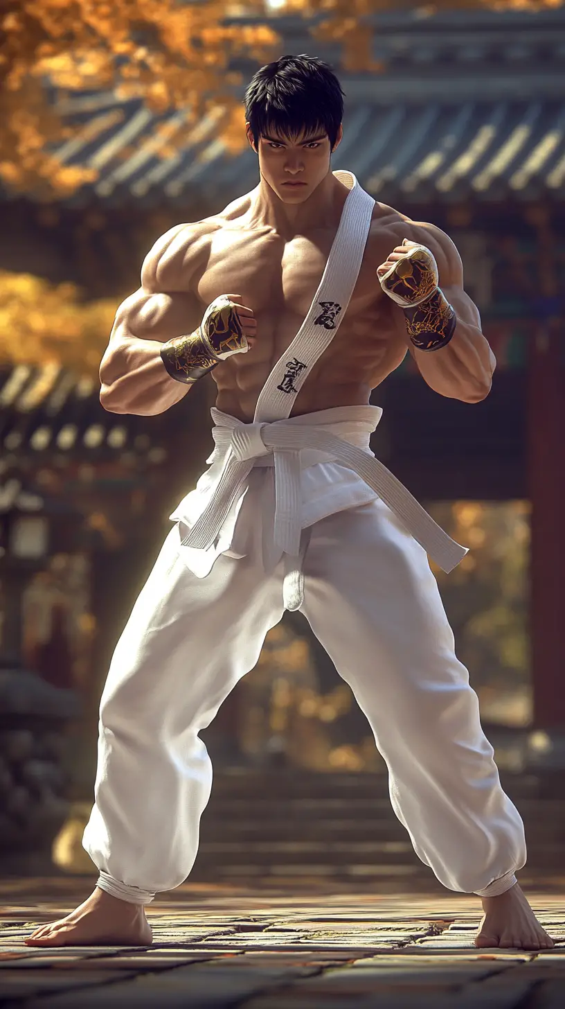 Lottatore coreano di taekwondo in dinamica posizione di battaglia anime