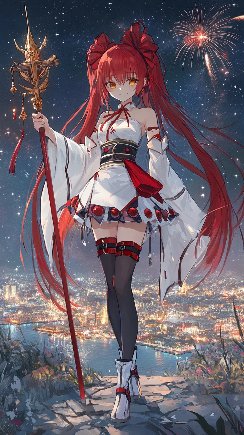 Anime girl in white dress watching distant city fireworks