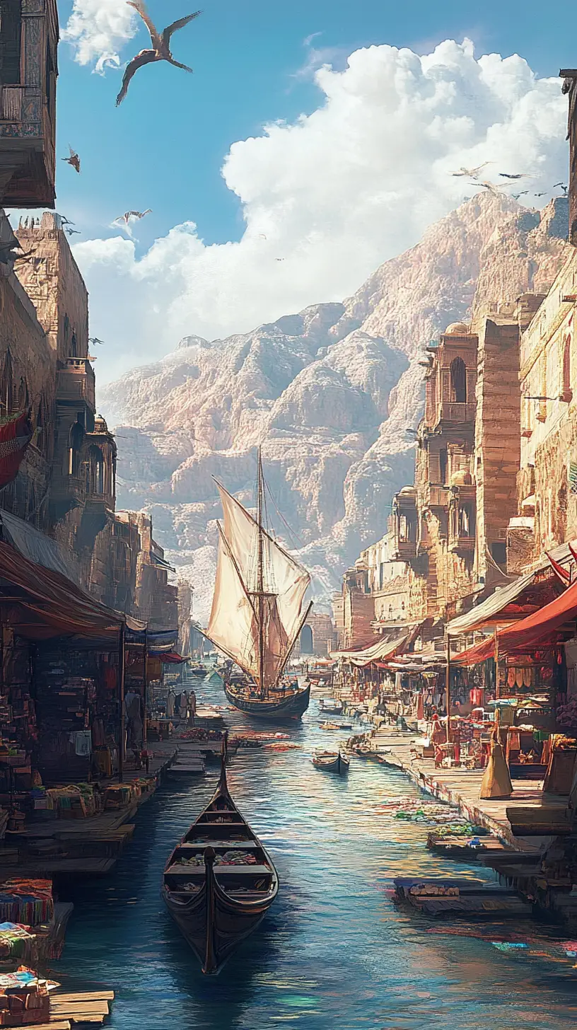 Anime view of an Arab city street with canal boats