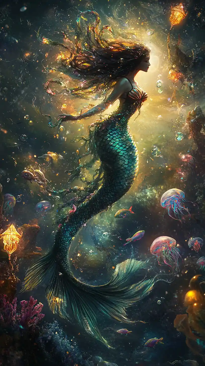 Dark mermaid dancing amid misty serpents and glowing fish