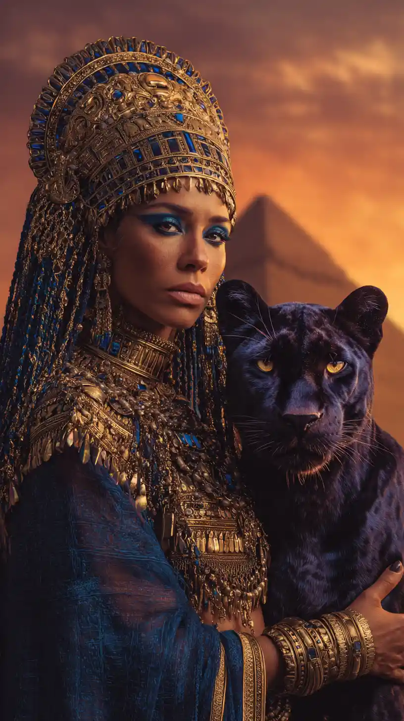 Rainha egípcia e pantera negra ao pôr do sol diante das pirâmides