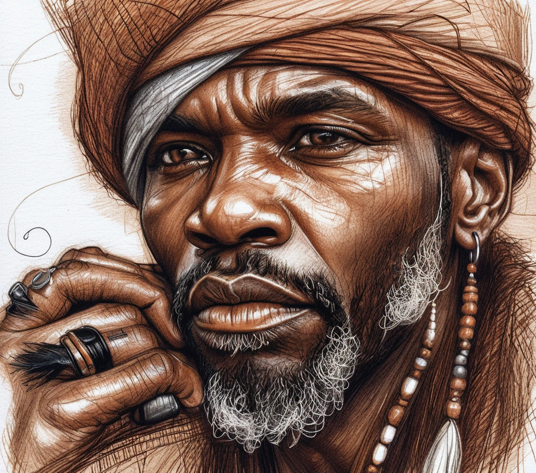 Serene close up portrait of a Black man with headband