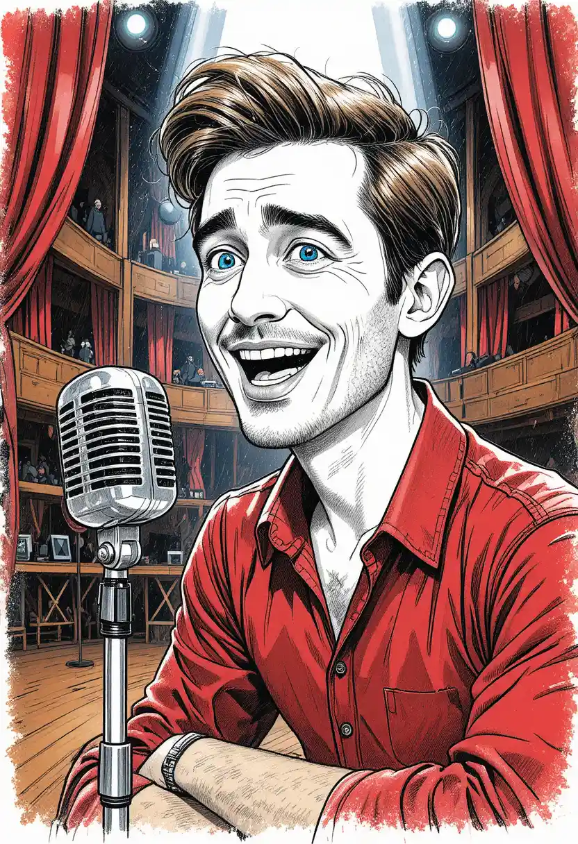 Cartoon singer on a bright theater stage with microphone