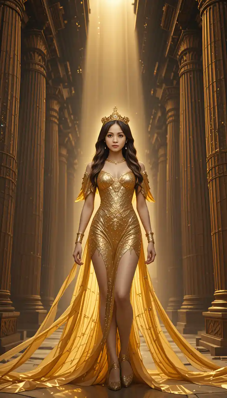 Radiant crowned woman in a golden ancient temple
