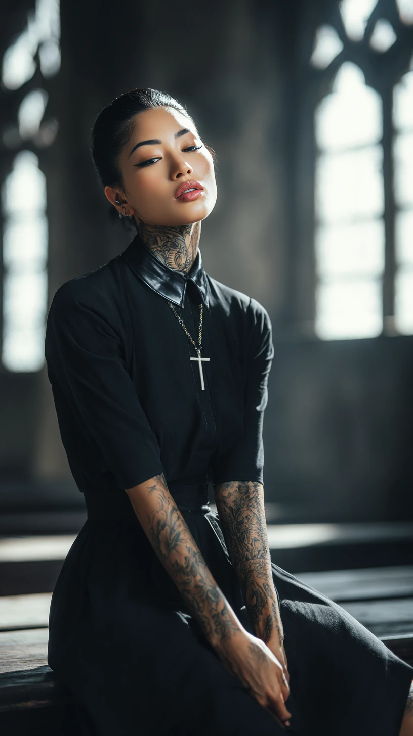 Mujer tatuada con vestido negro sentada sola en la iglesia
