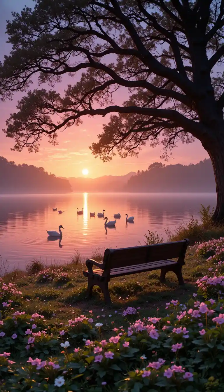 Lac au lever du soleil avec cygnes, canards et vieux banc en bois