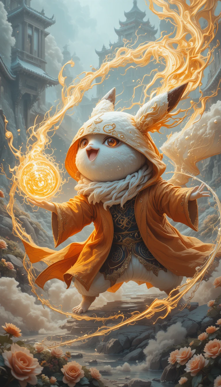 Hooded spirit creature before a white fairy tale palace